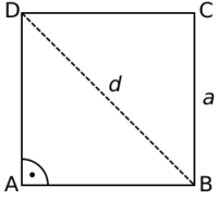 Квадрат со стороной '"`UNIQ--postMath-00000001-QINU`"' и диагональю '"`UNIQ--postMath-00000002-QINU`"'