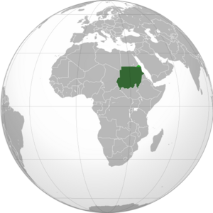 Судан на карте мира. Светло-зелёным обозначена спорная территория т. н. «Халаибского треугольника»