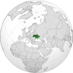 Украина на карте мира. Светло-зелёным выделены территории, включённые в состав России