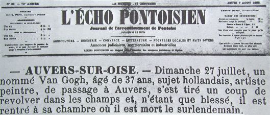 Вырезка из газеты L'Écho Pontoisien о смерти художника Винсента Ван Гога, 1890