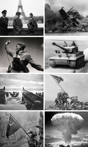 Левый столбец (сверху вниз): Гитлер на фоне Эйфелевой башни, июнь 1940 года; фотография Макса Альперта «Комбат» — советский офицер поднимает бойцов в атаку, июль 1942 года; высадка войск американской 1-й пехотной дивизии на пляже «Омаха», 6 июня 1944 года; установка советского знамени на крыше рейхстага, май 1945 года. Правый столбец (сверху вниз): тонущий американский линкор «Аризона» после нападения на Перл-Харбор, 7 декабря 1941 года; немецкий танк «Тигр» в северной Франции, март 1944 года; водружение флага над Иводзимой 23 февраля 1945 года; ядерный гриб над Нагасаки, 9 августа 1945 года.