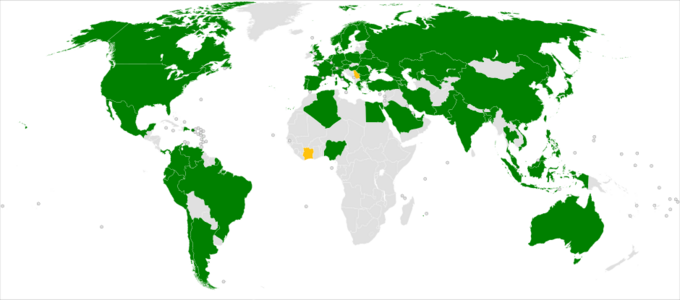 Зелёным выделены страны с метрополитенами; жёлтым — страны со строящимися метрополитенами