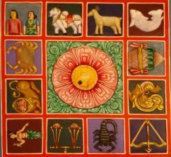 Zodiac symbols painted Relief on the terrace of a Gopuram at Kanipakam.jpg