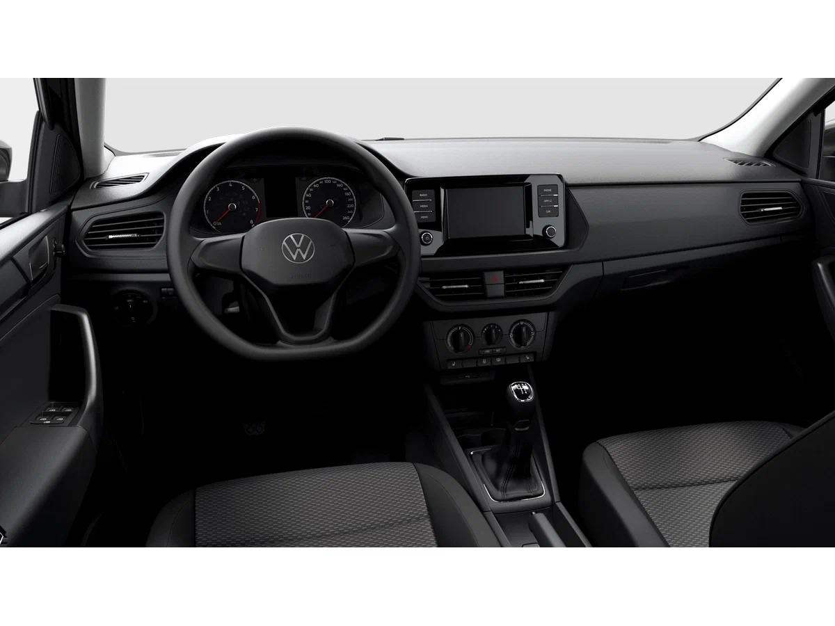 Салон Volkswagen Polo Plus — простая передняя панель, руль с логотипом VW и цветной экран мультимедиа