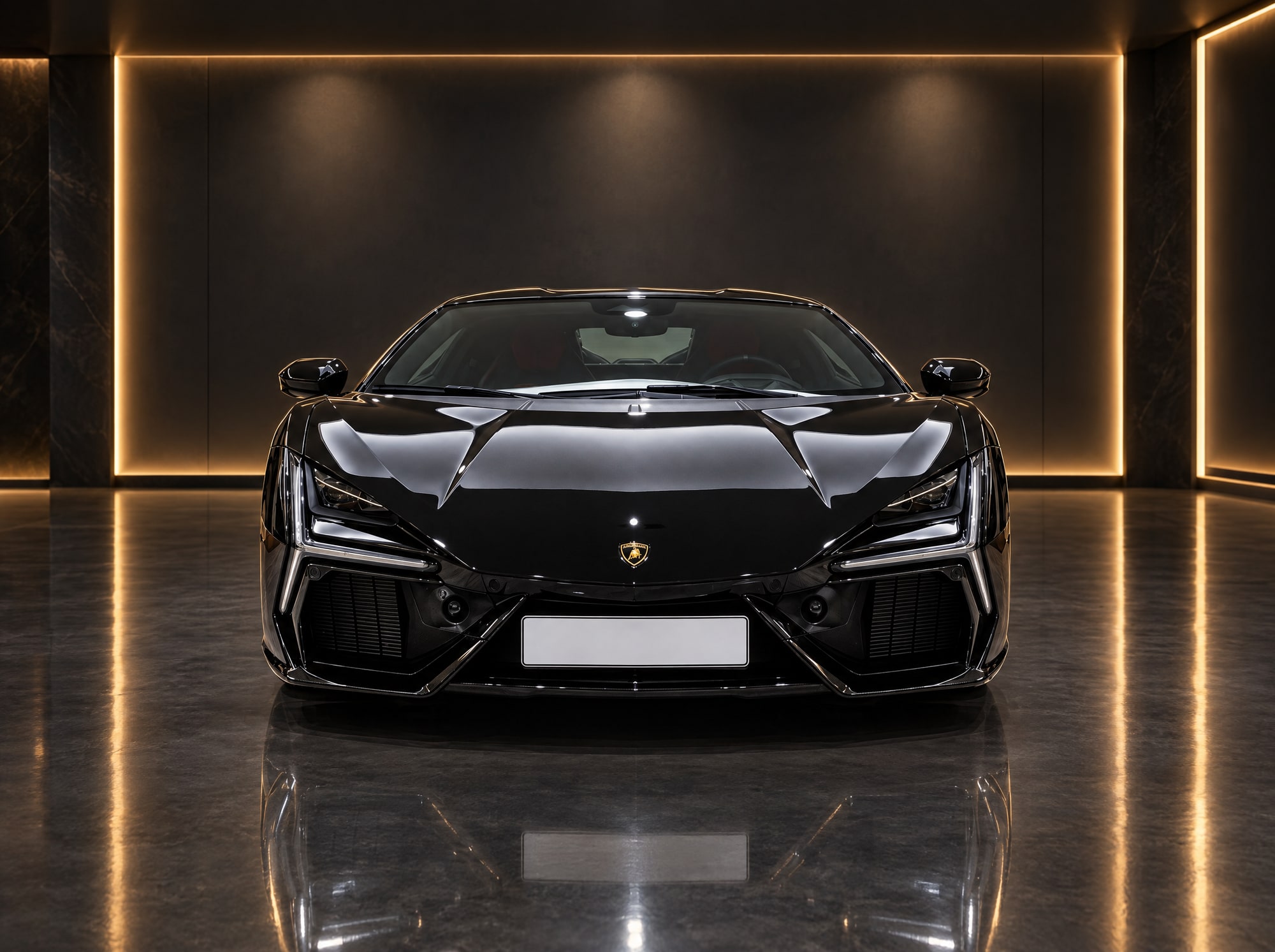 Тот же лот lamborghini-revuelto-26g0232, вид строго спереди — видны воздухозаборники увеличенного размера под три радиатора гибридной системы охлаждения.