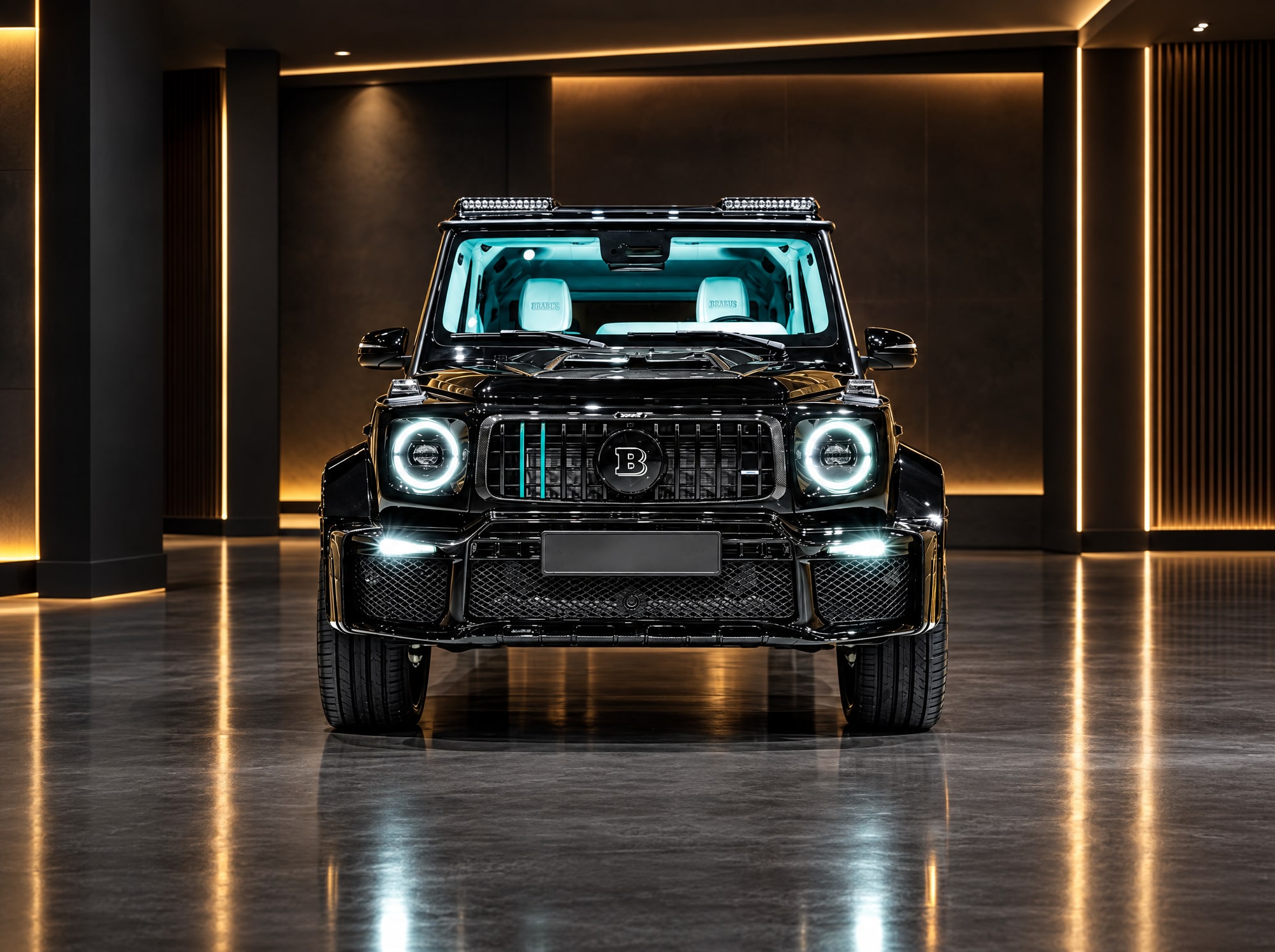 Вид спереди: карбоновые вставки на капоте и логотип Brabus по центру решётки