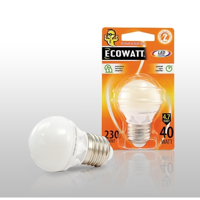Лампа светодиод. ECOWATT P45 230В 4.7(40)W 2700K E27 теплый белый свет, шарик