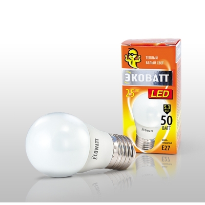 Лампа светодиод. ECOWATT P45 230В 5.3(50)W 2700K E27 теплый белый свет шарик