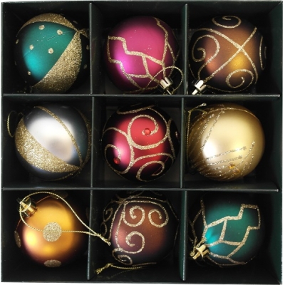 Набор ёлочных шаров 6см, матовые с рисунком, 9шт в картонной коробке с пвх-крышкой