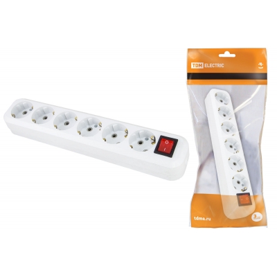 Колодка розеточная 6-местная TDM ЕLECTRIC, с з/к 16А 2П+З с выкл. белая
