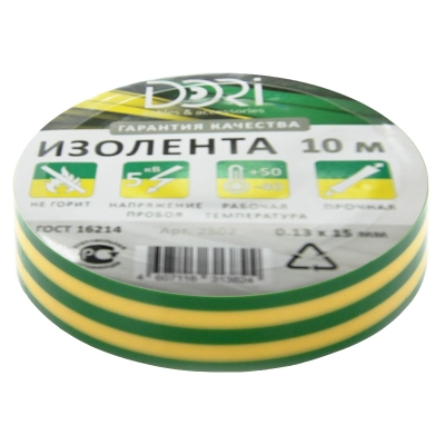 Изолента ПВХ DORI желто-зеленая, 15 мм (10 м)