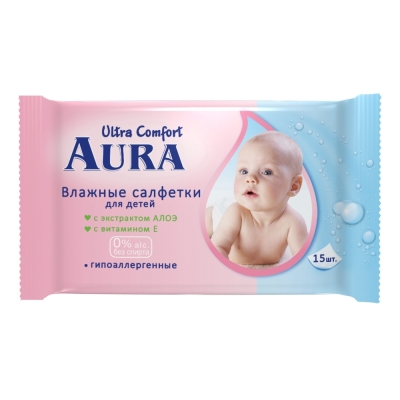Салфетки влажные AURA ULTRA COMFORT для детей Алоэ и витамин Е (упаковка 15 шт)    05155