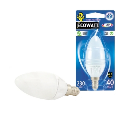 Лампа светодиодная B35 4.7 Вт E14 свеча 4000 K холодный белый свет ECOWATT