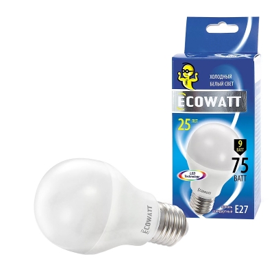 Лампа светодиодная LED A60 9 Вт E27 груша 4000 K холодный белый свет ECOWATT