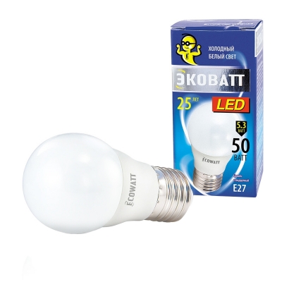 Лампа светодиодная LED P45 5.3 Вт E27 шар 4000 K холодный белый свет ECOWATT