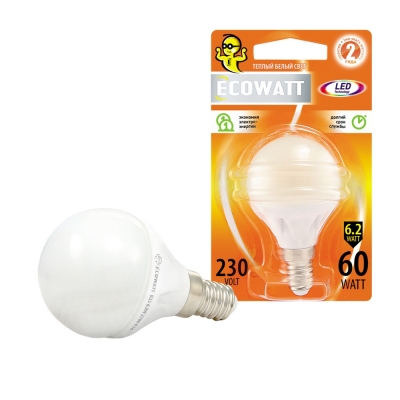 Лампа светодиодная P45 6.2 Вт E14 шар 2700 K теплый белый свет ECOWATT LED