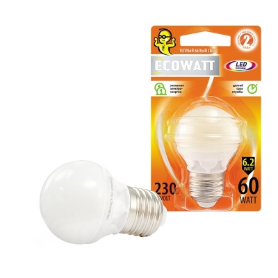 Лампа светодиодная LED P45 6.2 Вт E27 шар 2700 K теплый белый свет ECOWATT