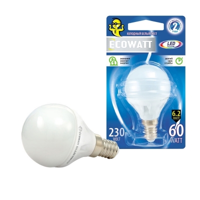 Лампа светодиодная P45 6.2 Вт E14 шар 4000 K холодный белый свет ECOWATT