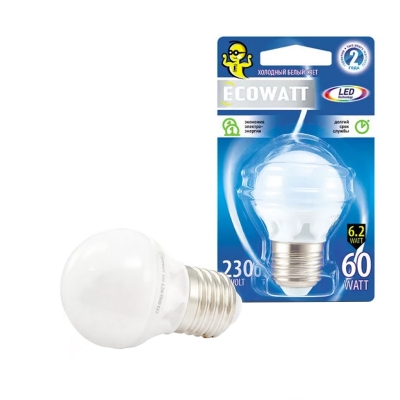 Лампа светодиодная LED P45 6.2 Вт E27 шар 4000 K холодный белый свет ECOWATT