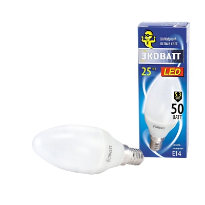 Лампа светодиодная B35 5.3 Вт E14 свеча 4000 K холодный белый свет ECOWATT