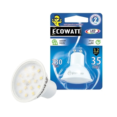 Лампа светодиодная LED MR16 3.2 Вт GU5.3 4000 K холодный белый свет ECOWATT