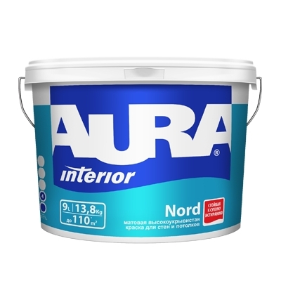Краска высокоукрывистая для стен и потолков Aura Interior Nord супербелая (4.5 л)