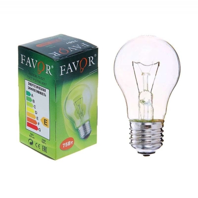 Лампа накаливания A50 75 Вт E27 груша прозрачная Favor