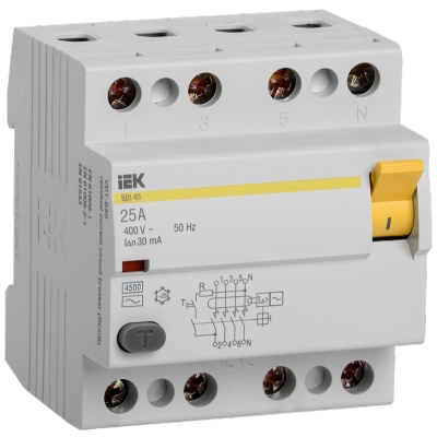 Выключатель дифференциального тока УЗО 4П 25А 30 мА тип AC ВД1-63 IEK