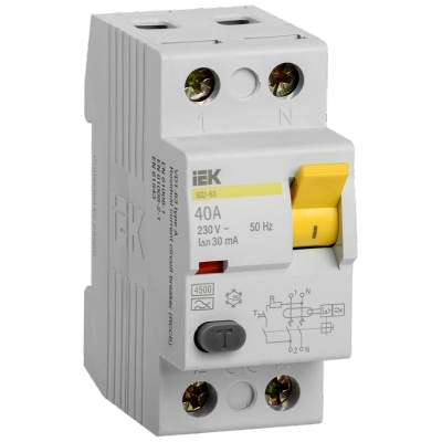 Выключатель дифференциального тока УЗО 2П 40А 30 мА тип AC ВД1-63 IEK