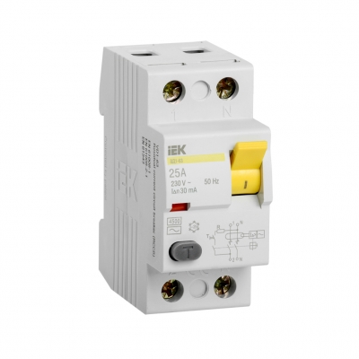 Выключатель дифференциального тока УЗО 2П 25А 30 мА тип AC ВД1-63 IEK