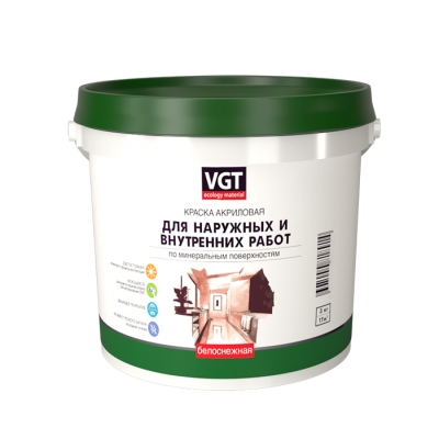 Краска моющаяся для нар./внутр. работ VGT ВД-АК-1180 белоснежная (1.5 кг)