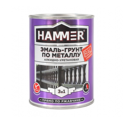 Грунт-эмаль по металлу 3в1 HAMMER винно-красная RAL 3005 (0.9 кг)