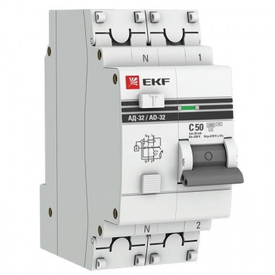 Выключатель автоматический дифференциального тока 2п (1P+N) C 50А 30мА тип AC 4.5кА АД-32 защита 270В электрон. PROxima EKF DA32-50-30-pro