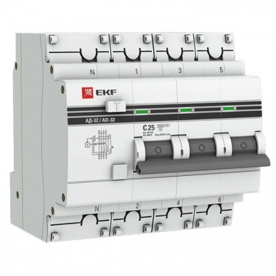 Выключатель автоматический дифференциального тока 3п+N C 25А 30мА тип AC 4.5кА АД-32 PROxima EKF DA32-25-30-4P-pro