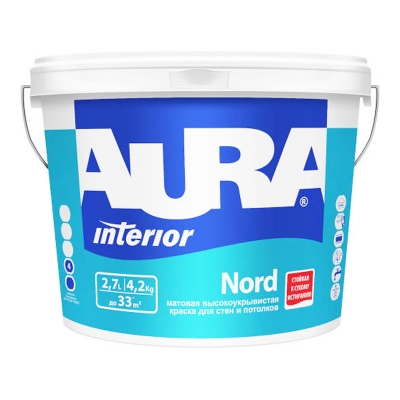 Краска высокоукрывистая для стен и потолков AURA Interior Nord супербелая 2.7 л