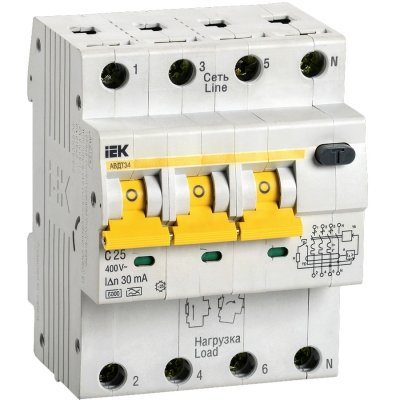 Выключатель автоматический дифференциального тока 3п+N 2модуля C 25A 30mA тип A 6kA АВДТ-34 ИЭК MAD2