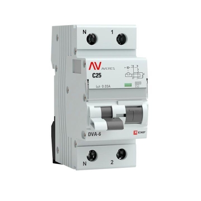 Выключатель автоматический дифференциального тока 2п C 25А 30мА тип AC 6кА DVA-6 Averes EKF rcbo6-1pn-25C-30-ac-av