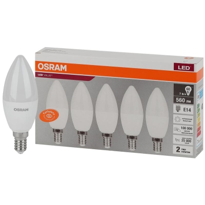 Лампа светодиодная LED Value LVCLB60 7SW/840 7Вт свеча матовая E14 230В 2х5 RU (уп.5шт) OSRAM 4058075577954