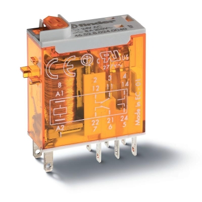 Реле миниатюрное промышленное электромеханич. монтаж в розетку или наконечники Faston (2.5х0.5мм) 2CO 8А AgNi 24В DC влагозащ. RTII опции: кнопка тест + мех. индикатор + диод + LED(DC неполяризов.) FI