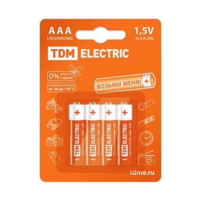 Элемент питания LR03 ААА 1.5 В TDM Еlectric Alkaline (4 шт) SQ1702-0006
