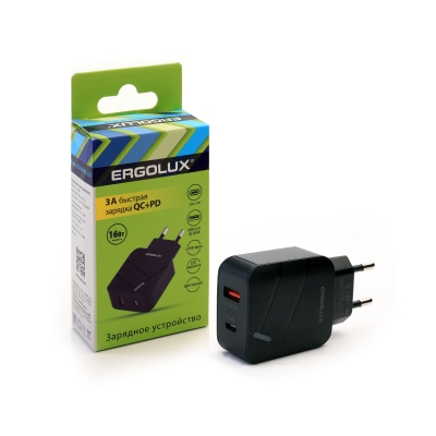 Блок питания/адаптер 2USB 5В 3A Ergolux черный ELX-РA01QC-C02