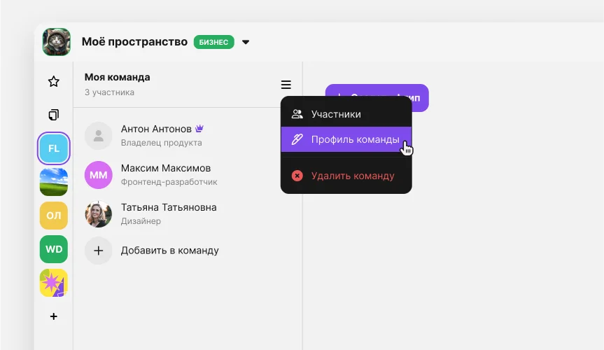 Настройки профиля команды
