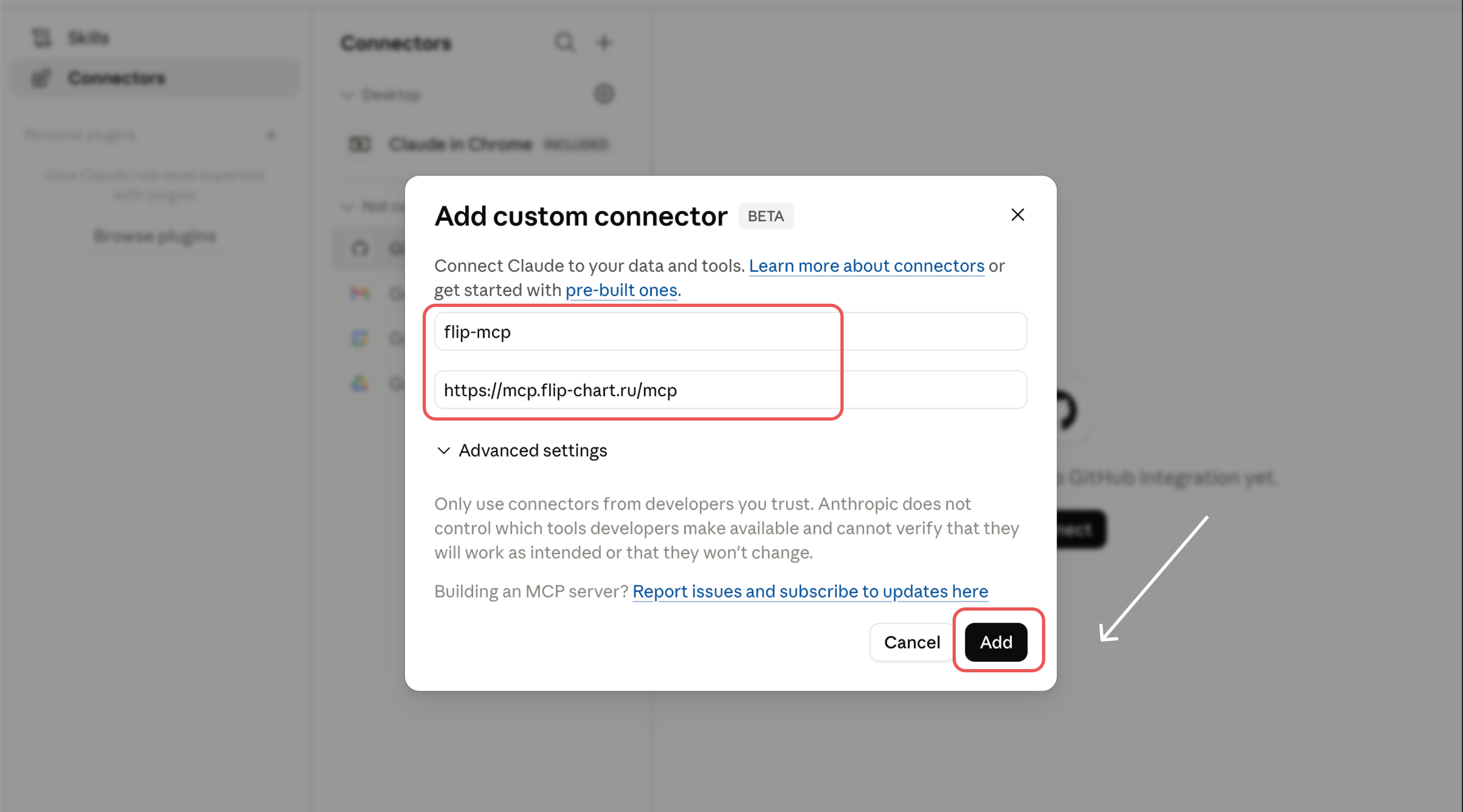 Adding the flip-mcp connector in Claude