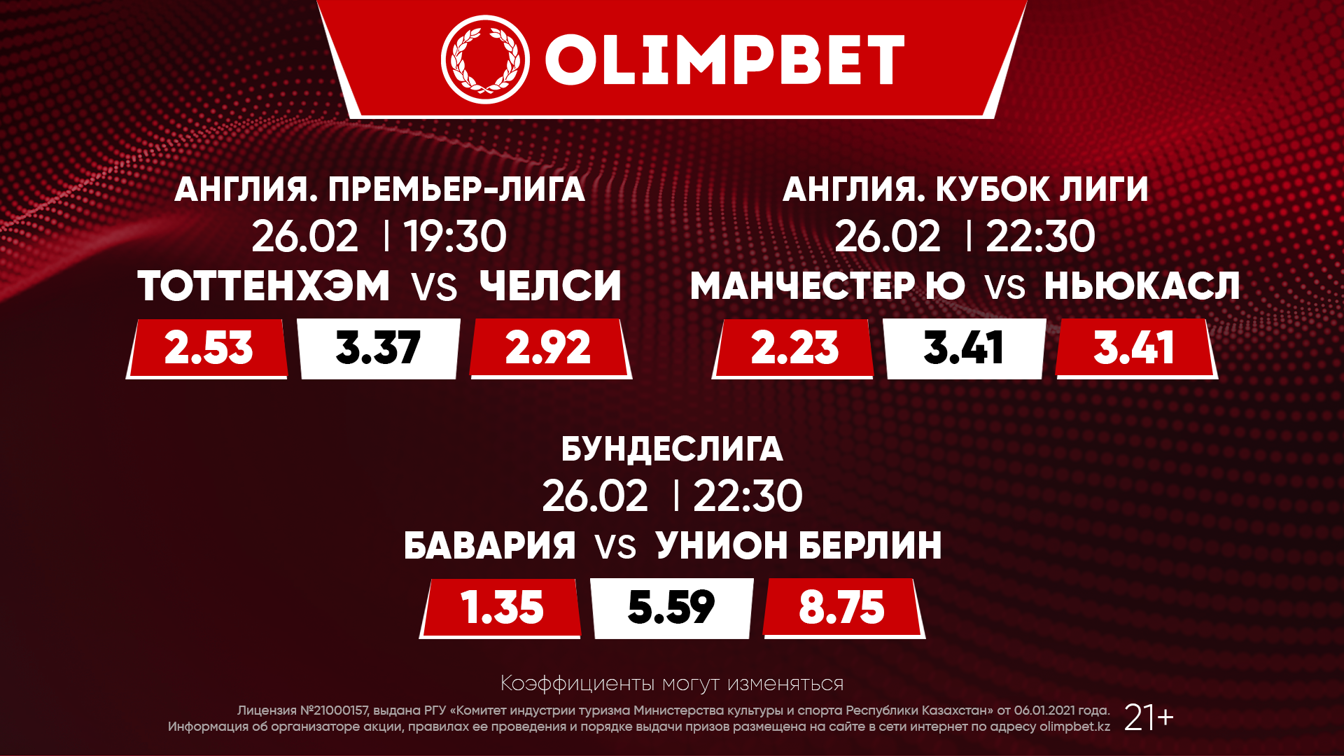 «Тоттенхэм» – «Челси», «МЮ» – «Ньюкасл» и «Бавария» – «Унион»: расклады Olimpbet на топ-матчи 26 февраля