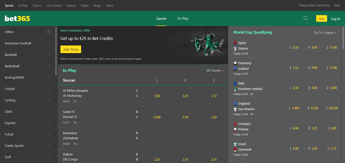 Главная страница международной версии Bet365