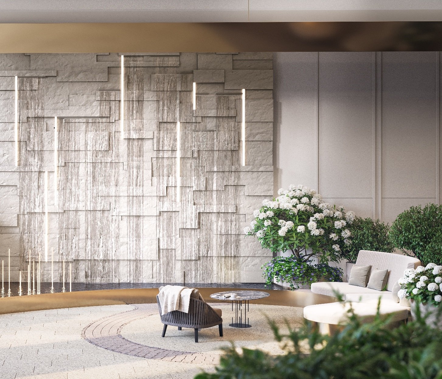 Пятиметровый водопад на стене из доломита в лобби