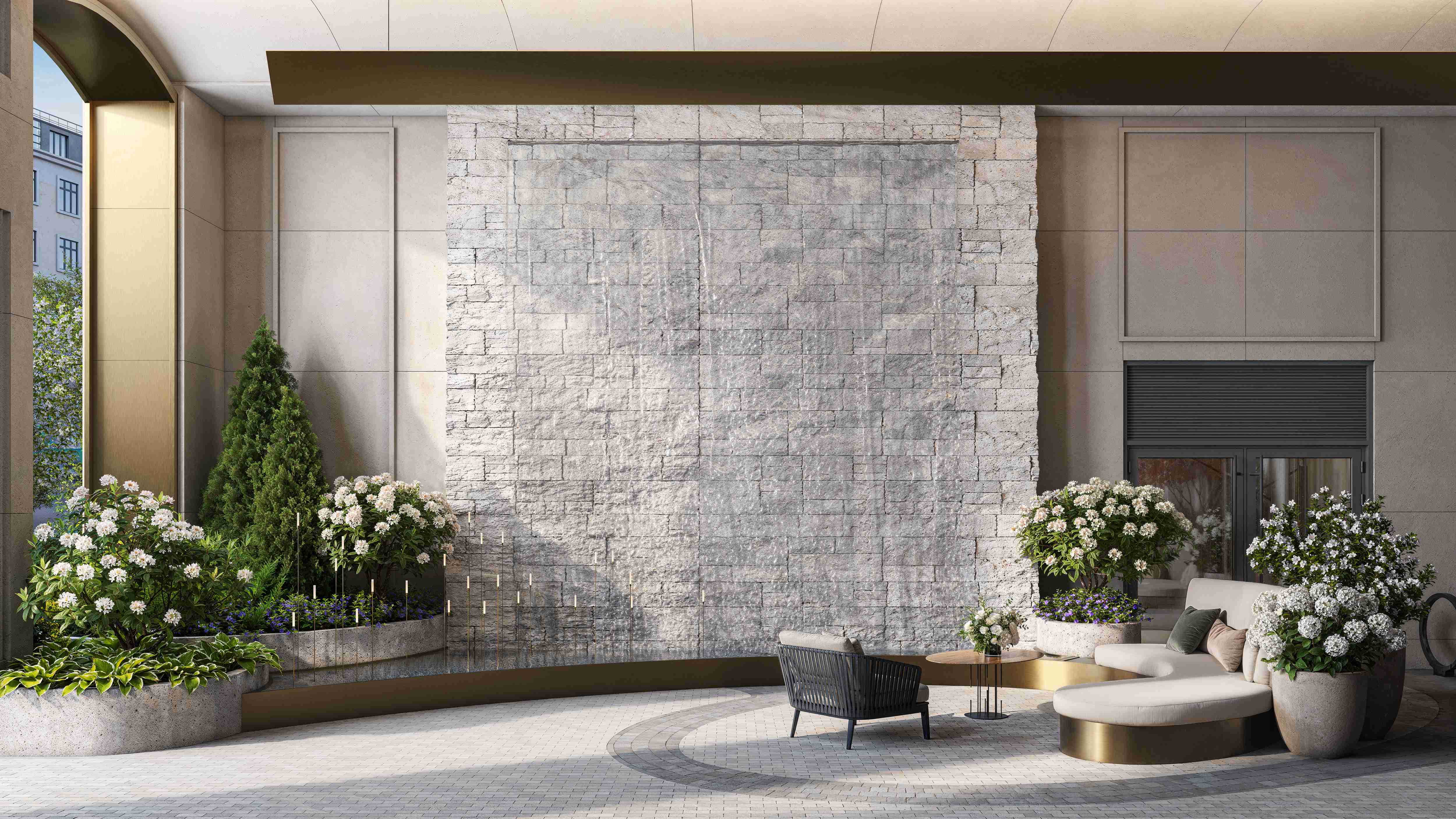 Внутренний всепогодный двор с мягкой мебелью, водопадом, водной гладью