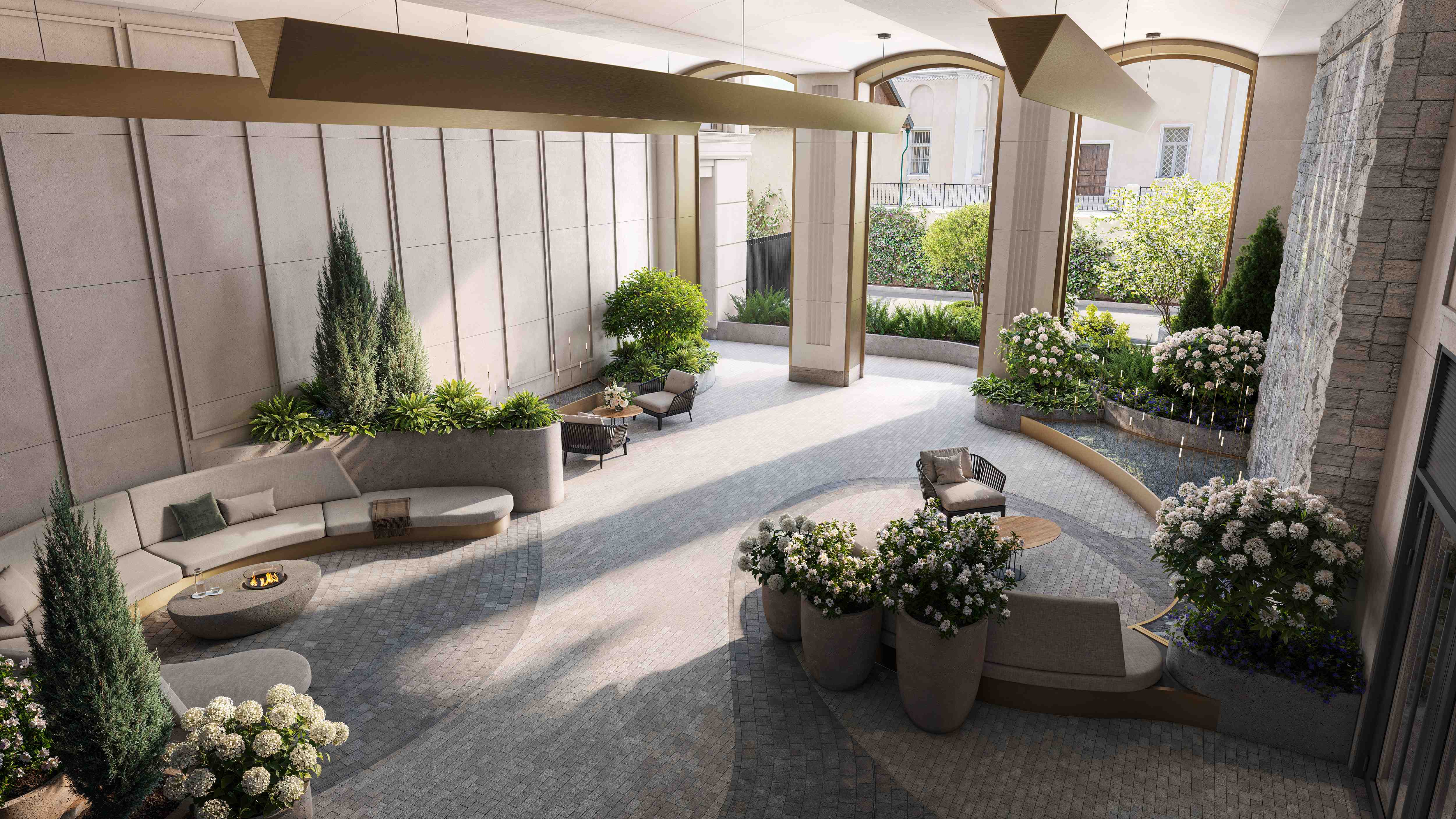 Под навесами здания приятно проводить время в любую погоду