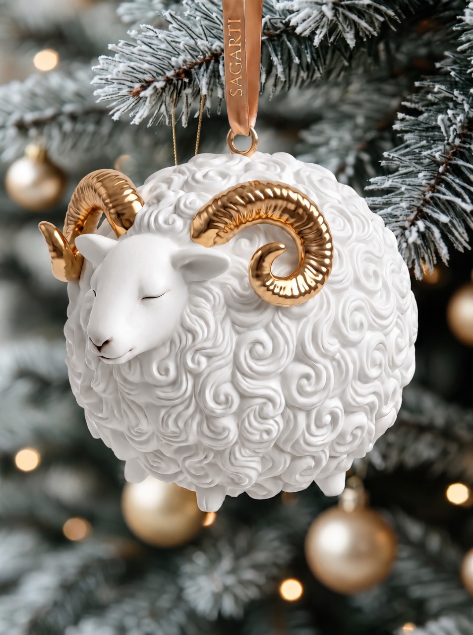 Ёлочный декор Sagarti Lamb Dreams Барашек круглый белый с золотыми деталями арт. LD.D.R.WtG