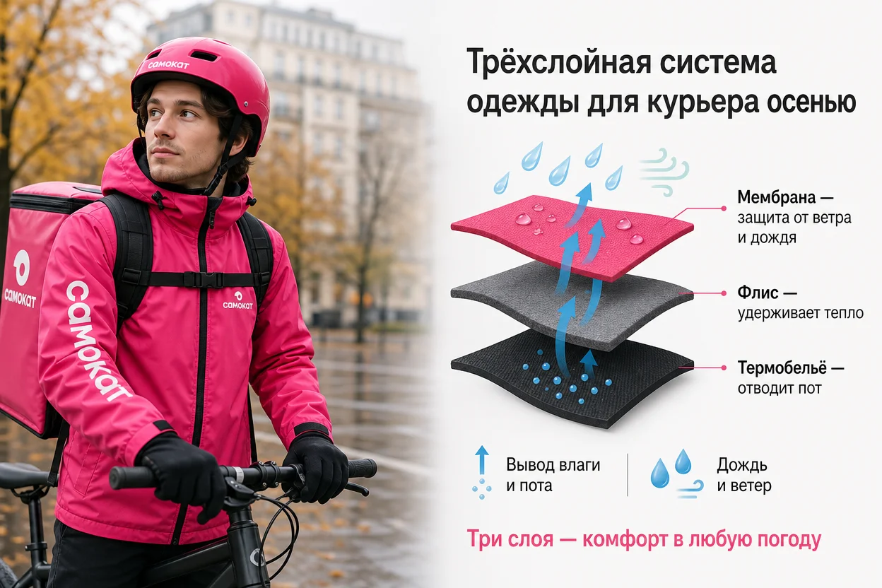 Экипировка курьера самокат осенью — как слои одежды удерживают тепло и отводят пот, инфографика